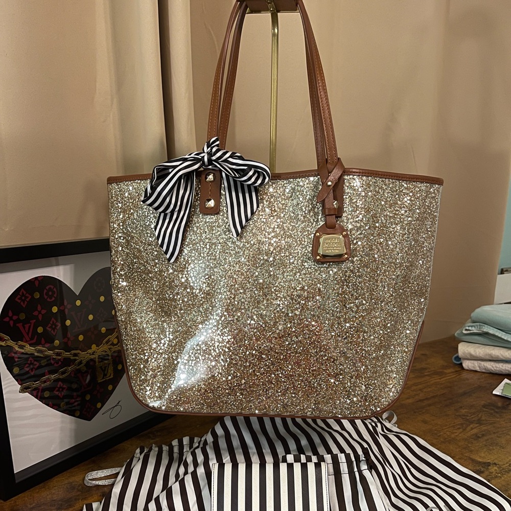 Henri Bendel Gold Glitter TOTE with Brown Trim and striped matching WALLET.